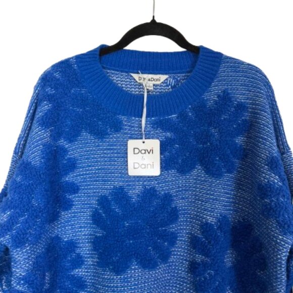 Davi & Dani NEW 3D Flower Texture Round Neck Dropped Shoulder Sweater Sz L Blue - Picture 5 of 11